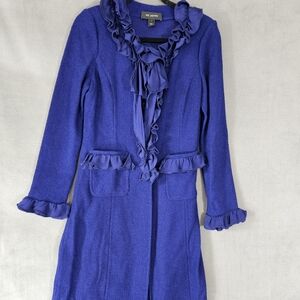 St John sapphire Navy wool blend knit duster long sweather silk ruffles Size 4
